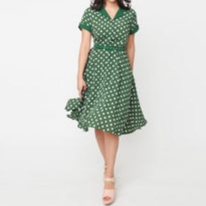 Unique Vintage Green & White Polka Dot Alexis Shirtdress - L/10-12